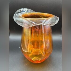 MCM Flashed On Marigold Glass  Hat Vase 7” Flange Top Vintage